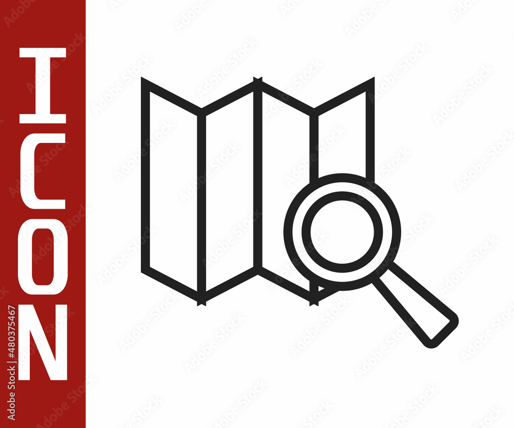 Poster black line search location icon isolated on white background. magnifying glass with pointer sign. ve