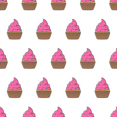 Creamy Cupcakes Seamless Pattern On A White Background. Cupcake Theme Vector Illustration