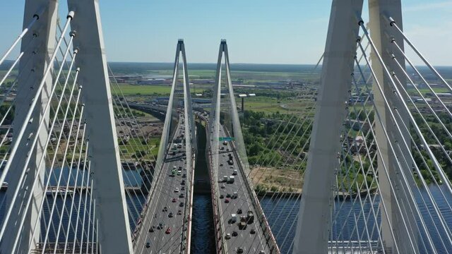 Aerial view of cable-stayed bridge with cars in St.Petersburg, 4k
