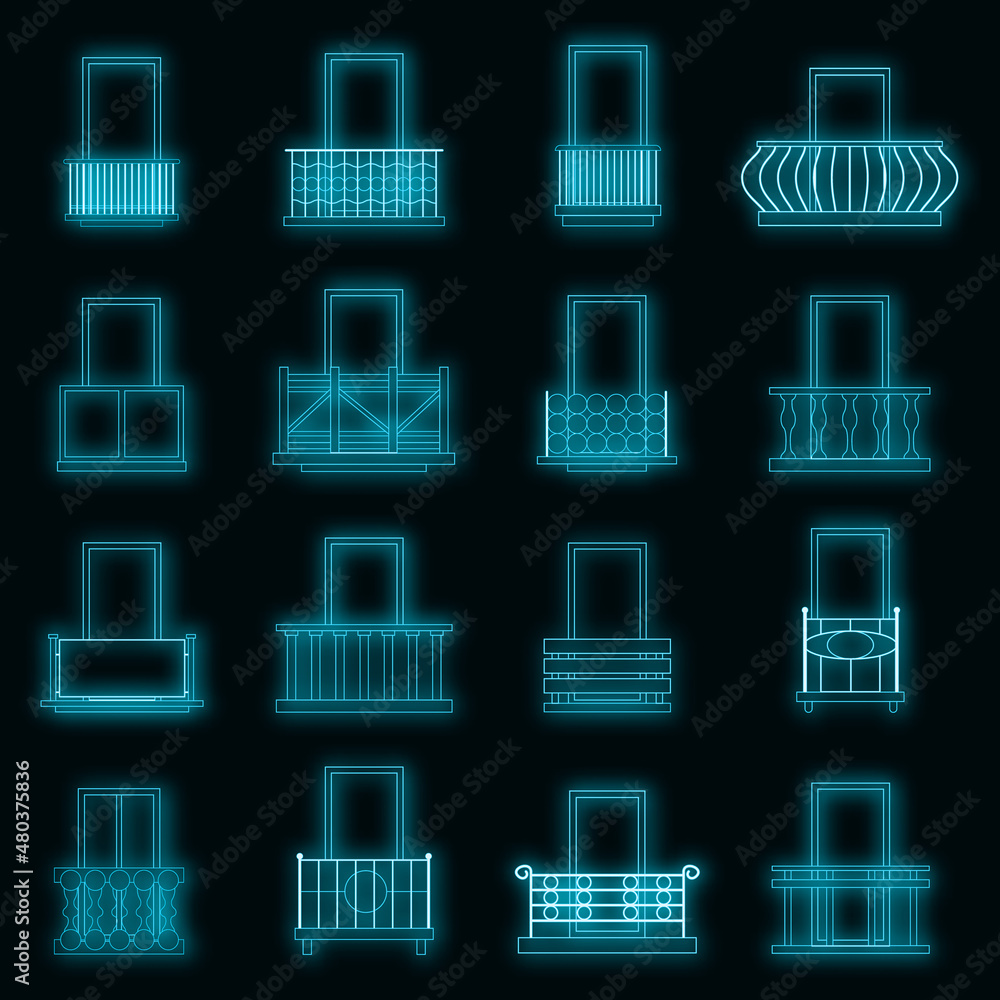 Poster balcony window forms icons set vector neon