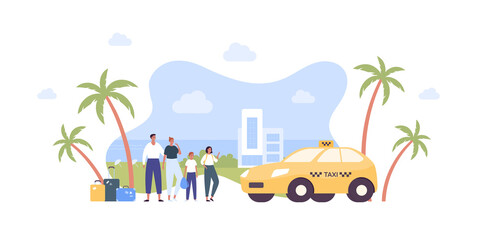 Tourism and family travel concept. Vector flat people illustration. Tourist group of parent with boy and girl hold baggage and backpack on beach and hotel building background. Taxi car transfer symbol