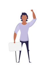 A man with an empty banner in his hands. With space for your text. Rally or protest concept. Vector illustration.