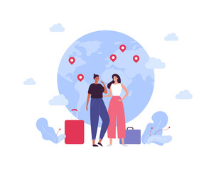 Tourism and global travel concept. Vector flat people illustration. Couple of female family or friends with baggage and suitcase on planet earth with map pin background.