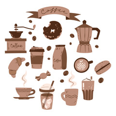 Set of coffe stuff cartoon style drawings, color vector illustration