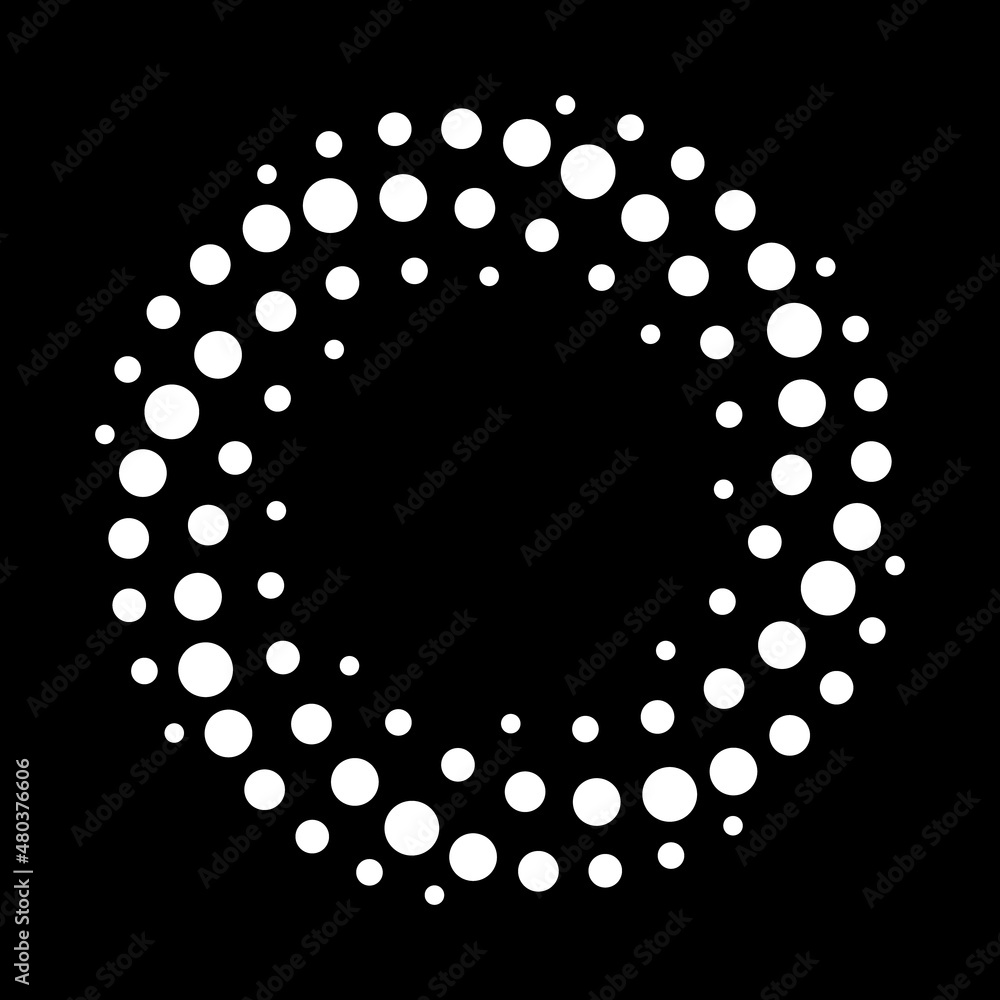 Poster white dotted spiral halftone pattern. dots in circle on black background. modern abstract spiral hal