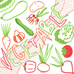 The Hand Drawn colorful vegetables doodle scetch.