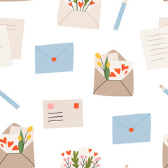 Seamless pattern with envelopes, mail, postmarks, postcards and spring flowers vector illustration. Craft paper letters, stationery, sealing wax and handmade cards isolated. Valentine's day