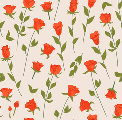 Seamless pattern with red roses. Flowers and leaves vector background. Valentine's day. 
