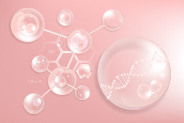 Hyaluronic acid skin solutions ad, pink collagen serum drops with cosmetic advertising background ready to use, illustration vector.