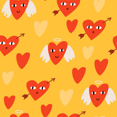 Vector funny and funky seamless pattern with red hearts with cute faces. Valentine's day. Colorful background