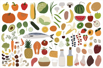 Big set with vegetables, fruits, berries, fish, nuts, dairy products, herbs, meat and eggs. Vector illustration.