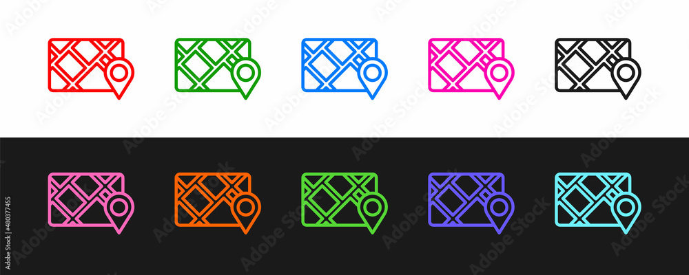 Poster set line gps device with map icon isolated on black and white background. vector