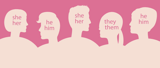 People with text gender pronouns, silhouette vector stock illustration with Men, women, transgender people and other gender