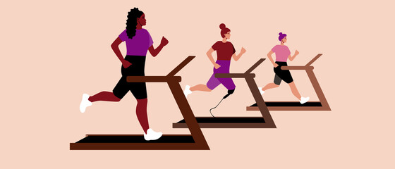 Different women jogging on treadmill, Flat vector stock illustration with women runners isolated as inclusiveness