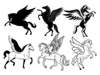 Set of flying pegasus with wings. Collection of mythological horse. Fantastic character. Mythical creature. Vector illustration isolated on white background.