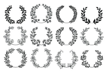 Obraz premium Set of laurel wreath. Collection of floral frame with leaves. Design for wedding invitation. Decorative natural elements. Vector illustration of laurel branches on white background.