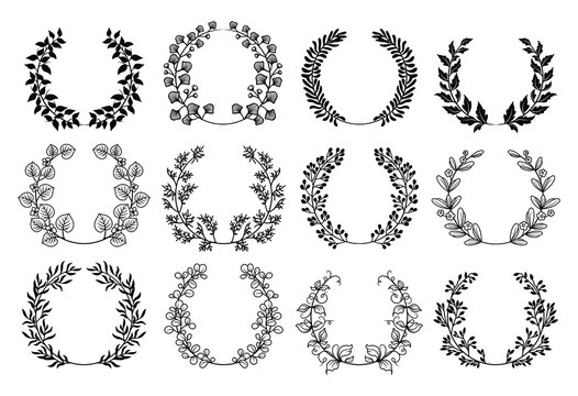 Set of laurel wreath. Collection of floral frame with leaves. Design for wedding invitation. Decorative natural elements. Vector illustration of laurel branches on white background.