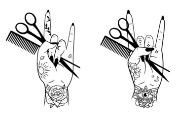Set of female hand with hairdressing tools. Collection of stylists hand with scissors. Logo for beauty salon. Tattoo.  Horn sign. Vector illustration of emblem of hairdresser wrist.