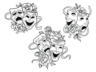 Set of flower tragedy and comedy theater masks. Collection of theatrical masks with floral wreath. Design for clothes or postcard. Vector illustration of carnival masks. Botanical. Tattoo. - obrazy, fototapety, plakaty