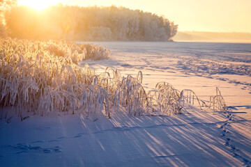 sunset in the snow. beautiful winter landscape. sunset and lots of snow.