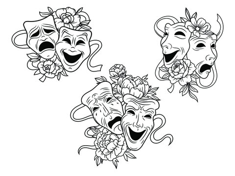 Set of flower tragedy and comedy theater masks. Collection of theatrical masks with floral wreath. Design for clothes or postcard. Vector illustration of carnival masks. Botanical. Tattoo.