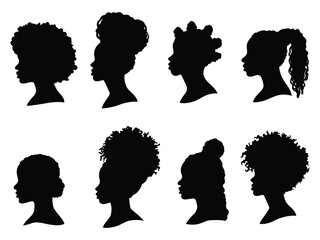Set of silhouette afro girl. Collection of black  woman face  with stylized hairstyle. Vector illustration of girl head with stylized haircut. - obrazy, fototapety, plakaty