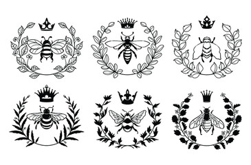 Set of laurel bee wreath. Collection of floral bumblebee with crown. Bee kind. Design of invitations. Circle nature frame with honey insect. Vector illustration of bee crest. - obrazy, fototapety, plakaty