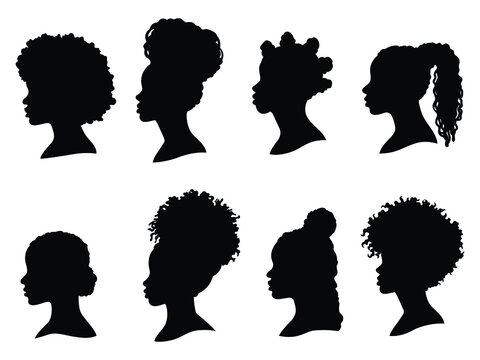 Set of silhouette afro girl. Collection of black  woman face  with stylized hairstyle. Vector illustration of girl head with stylized haircut.