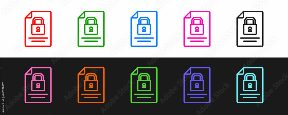 Poster set line document and lock icon isolated on black and white background. file format and padlock. sec