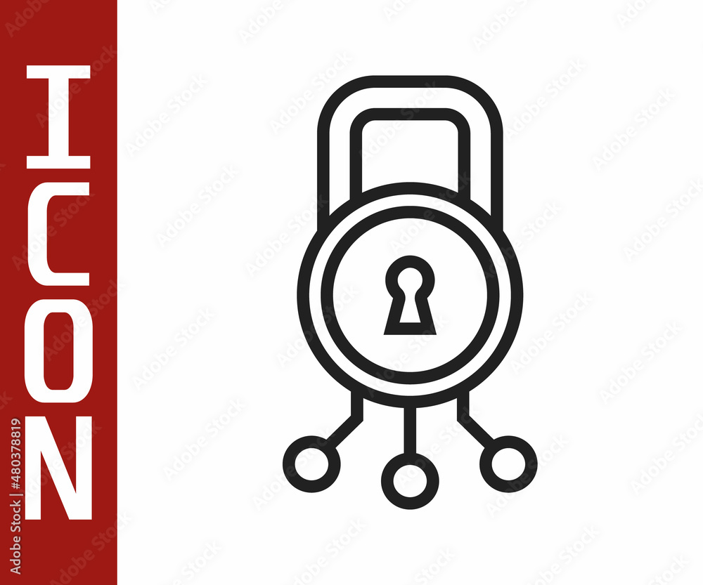 Poster black line cyber security icon isolated on white background. closed padlock on digital circuit board
