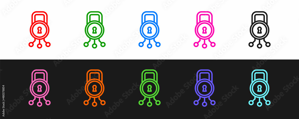 Poster set line cyber security icon isolated on black and white background. closed padlock on digital circu