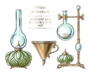 Collection of hand drawn vintage apothecary objects on white background