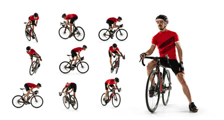 Professional male bike rider on road bike in motion isolated over white background. Collage