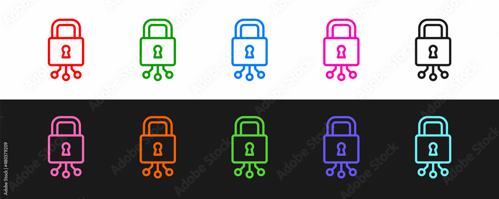 Poster set line cyber security icon isolated on black and white background. closed padlock on digital circu