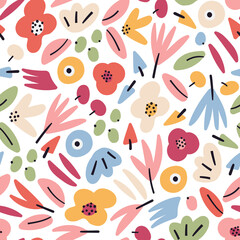 Fototapeta na wymiar Cute floral vector seamless pattern. Abstract pink valentine flowers, plants, berries, herbs isolated on white background. Festive bright multicolored wrapping paper design