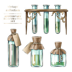 Collection of hand drawn vintage apothecary objects on white background