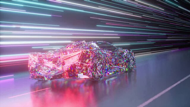 Futuristic concept. Diamond sports car on the background of glowing neon lines. Blue purple color. 3d animation