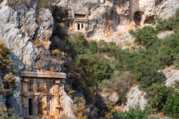 ancient tombs and crypts carved into the rocks in the ruins of Myra