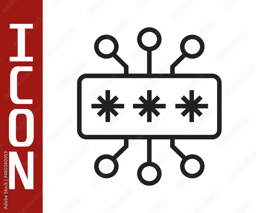 Poster black line cyber security icon isolated on white background. closed padlock on digital circuit board