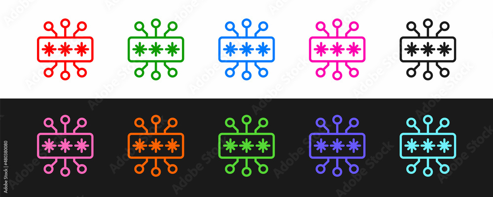 Poster set line cyber security icon isolated on black and white background. closed padlock on digital circu