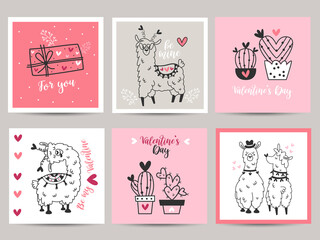 Set of valentines day cards with llama.
