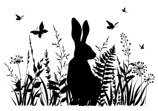 Black floral background with silhouettes of rabbit, wildflowers and butterflies. Easter background.