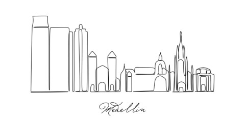 Single continuous line drawing of Medellin skyline, Colombia. Famous city scraper landscape. World travel home wall decor art poster print concept. Modern one line draw design vector illustration