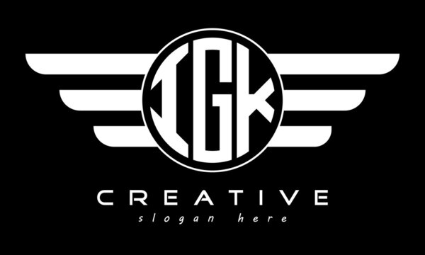 IGK three letter monogram type circle letter logo with wings vector template.