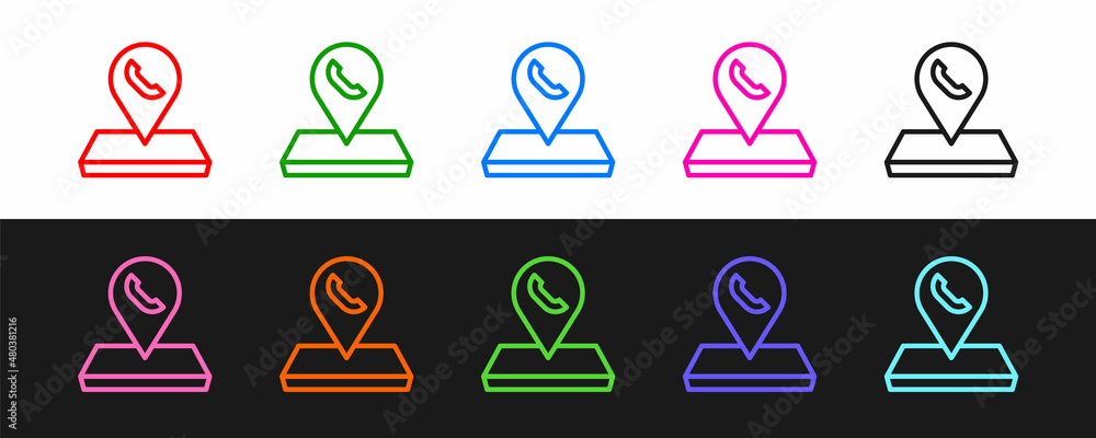 Poster set line map pointer with telephone or communication icon isolated on black and white background. ca