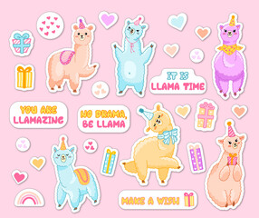 Funny llama birthday party sticker set. Vector clipart with alpaca, rainbow, hearts, positive phrase, gifts. Cute animal collection for children, print, party, greetings.
