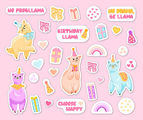 Wonderful ticker set with cartoon llama birthday party. Vector clipart with alpaca, rainbow, hearts, positive phrase, gifts. Cute animal collection for children, print, party, greetings.