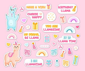 Fototapeta na wymiar Sticker set with cartoon llama birthday party. Vector clipart with alpaca, rainbow, hearts, positive phrase, gifts. Cute animal collection for children, print, party, greetings.