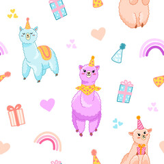 Obraz na płótnie Canvas Party llama seamless vector pattern. Cute alpaca with gifts, hearts and rainbow for wrapping paper, celebrate and decorate birthday party, kids fabric.