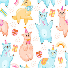 Obraz premium Birthday llama seamless vector pattern. Cute alpaca with gifts, hearts and rainbow for wrapping paper, celebrate and decorate birthday party, kids fabric. Isolated on white.